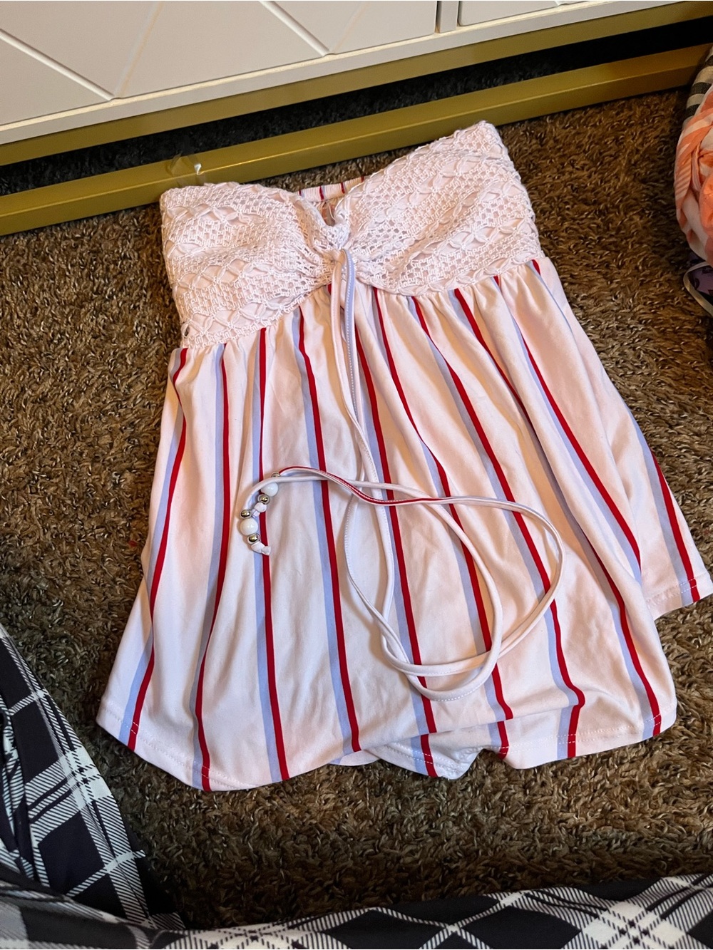 No Boundaries White Strapless Tank with Red and Blue Stripes